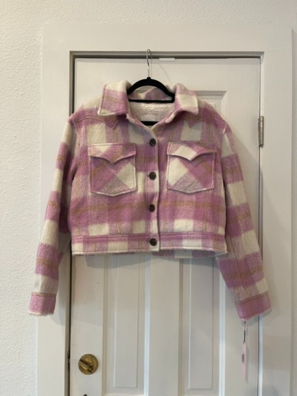 Avec Les Filles Pink Plaid Faux Shearling Lined Cropped Shacket Jacket M NWT